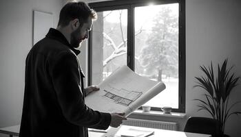 Architect Analyzing Blueprints in a Minimalist Workspace photo