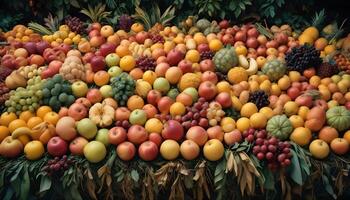 A large pile of fruit is shown in front of a wall photo