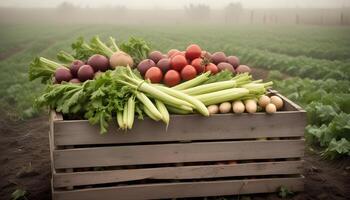 A crate full of fresh vegetables in a field photo