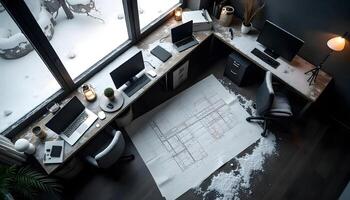 A computer desk with two laptops and a desk lamp photo