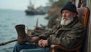 An old man sitting in a chair near the water with a boot photo