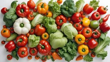 A large group of vegetables and fruits on a white background photo