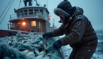 A man in a winter coat is holding a net photo