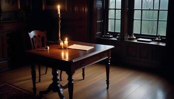 A desk with a candle on it and a chair photo