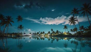 A tropical beach at night with palm trees and a moon photo