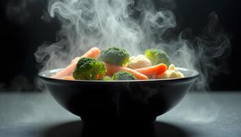 A bowl of vegetables with smoke coming out of it photo