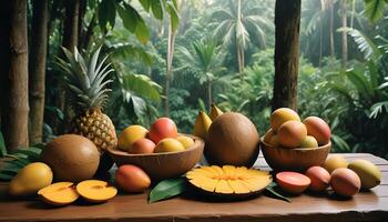 Mangoes, pineapples and other fruits are arranged in bowls on a table photo