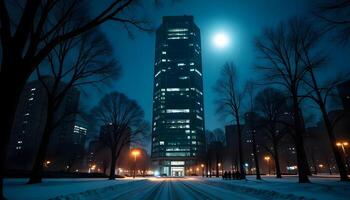 A tall building in the middle of a snowy park photo