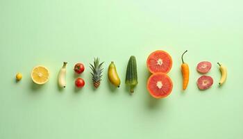 A group of fruits and vegetables arranged in a line photo
