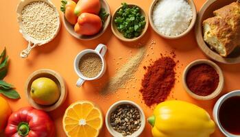 Various ingredients in bowls on an orange background photo