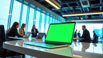 Laptop with green screen on table in office photo
