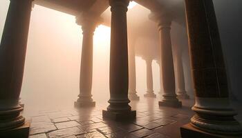 A long hallway with pillars and a sun shining through photo