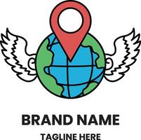 A globe with a red pin on it and two wings above it vector