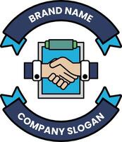 A logo for a company that has a blue ribbon and a handshake vector