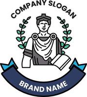 A logo for a company with a man in a toga and a book vector