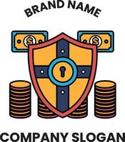 A shield with a key on it and a stack of coins vector