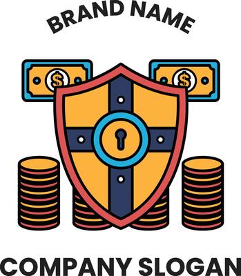 A shield with a key on it and a stack of coins