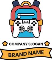 A backpack with a controller on it and the words company slogan brand name vector