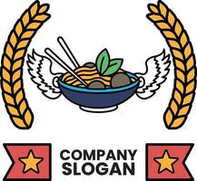 A bowl of noodles with chopsticks and green leaves vector