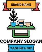 A green table with a plant and cups on it vector
