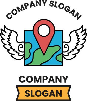 A company logo with a map and wings