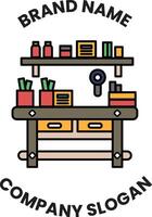 A wooden table with drawers and a shelf vector