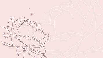 Single line rose illustration on pastel pink background. Modern continuous line flower with hearts. Floral background for greeting card design vector