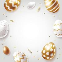 Modern Easter background with golden and white ornate realistic eggs and confetti on light background. Design concept for social media ad, banner or card vector