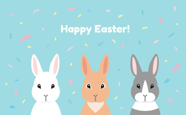 Easter greeting card with cute rabbits illustration on abstract blue background with trendy brush strokes