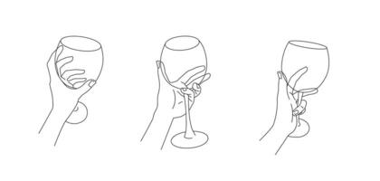 Set of hands with wineglass in minimalist style. Wine tasting graphic linear illustration. Line art with glass on white background vector