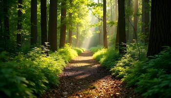 Path in the forest with sunlight shining through the trees photo