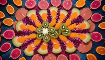 A circular arrangement of sliced fruit on a blue background photo