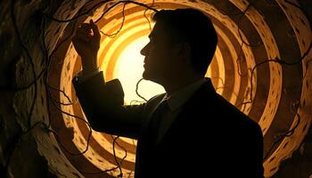 A man in a suit is standing in a tunnel with the sun shining through photo
