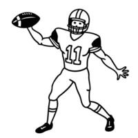 American football player throwing ball in game action athlete with helmet and jersey number eleven outlined vector