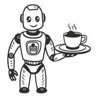 Friendly robot serving coffee smiling robotic waiter holding cup futuristic technology and hospitality concept vector