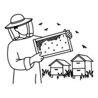 beekeeper inspecting honeycomb with bees near hives outline of person in protective suit in apiary setting vector