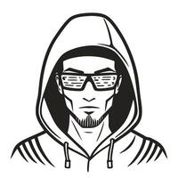 stylish hoodie clad hacker in sunglasses monochrome portrait, cyber security, digital anonymity concept vector