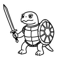 Warrior turtle with sword and shield character design, black and white illustration vector