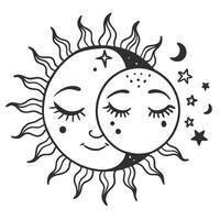 Sun and moon embrace celestial art, stars and crescent design, mystical cosmic illustration vector
