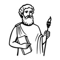Philosopher holding a book and torch, symbolizing wisdom and enlightenment in black and white illustration vector