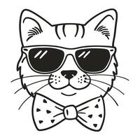 cool cat with sunglasses and bow tie in black and white line art stylish feline illustration vector