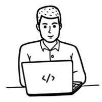 graphic illustration of a focused person coding on a laptop computer vector