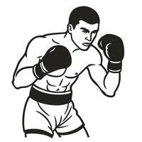 Boxer in fighting stance, determined expression retro black and white illustration of a determined fighter vector