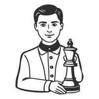 man holding chess piece strategy game concept, classic sketch illustration intellectual challenge and planning vector