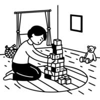 child playing with building blocks in a room, creating a tower monochrome illustration of playtime and creativity indoors vector