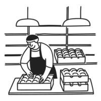 market worker organizing produce smiling employee stacking boxes of fresh goods at grocery store vector