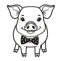 smiling pig in bow tie cute illustration, black and white farm animal, playful whimsical design vector