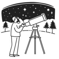 astronomer observing stars with telescope under night sky, minimalist illustration vector