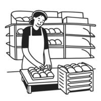 bakery worker arranging fresh bread in bakery display smiling baker organizing loaves in bakery shelves and baskets vector