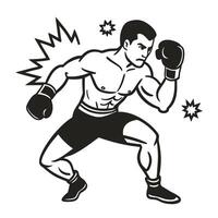 Boxer in fighting stance with dynamic motion lines and impact symbols, black and white illustration vector